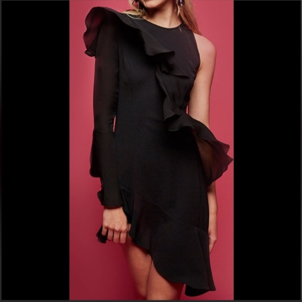 Parker Women's Black Silk Blend Neo One Sleeved Tiered Ruffle Mini Dress, Size 4